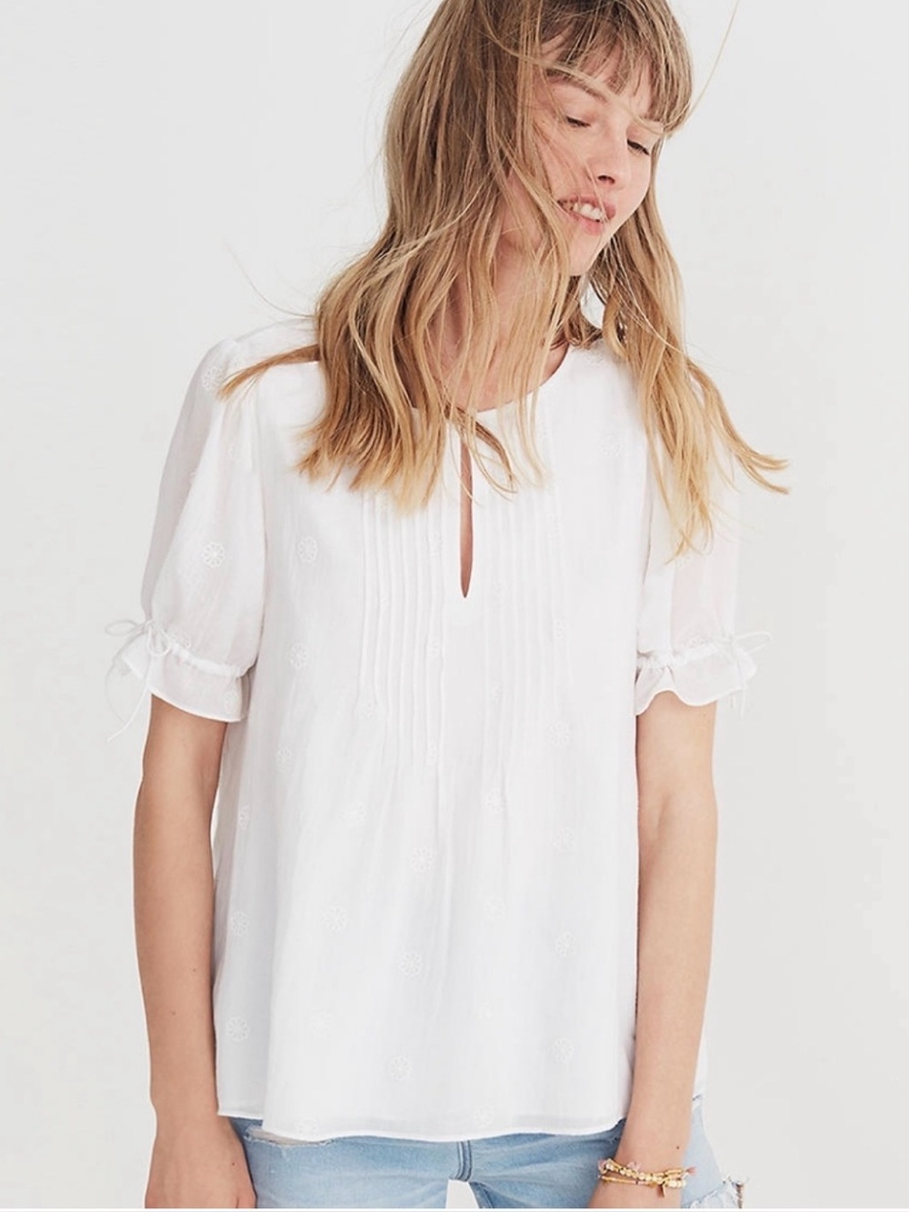 Madewell White Pintuck Flutter Sleeve Women's Top